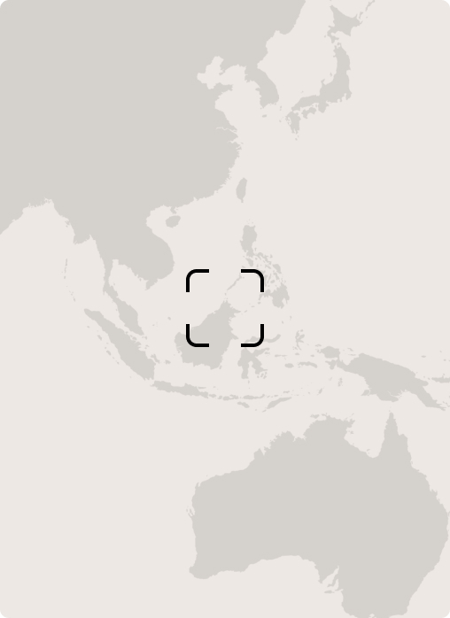 map with highlighted Southeast Asia region showing surrounding continents in muted tones with a center focus marker