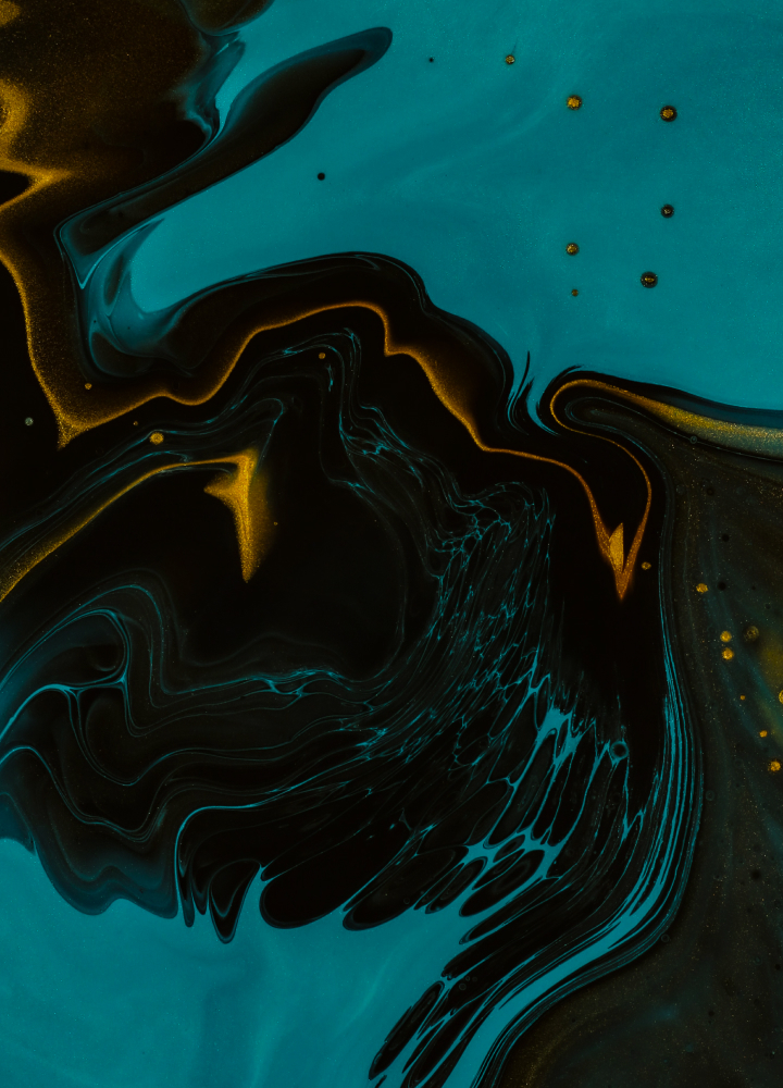 Vivid abstract fluid art with swirling turquoise, black, and gold tones forming wave-like patterns and shimmering highlights across the image.