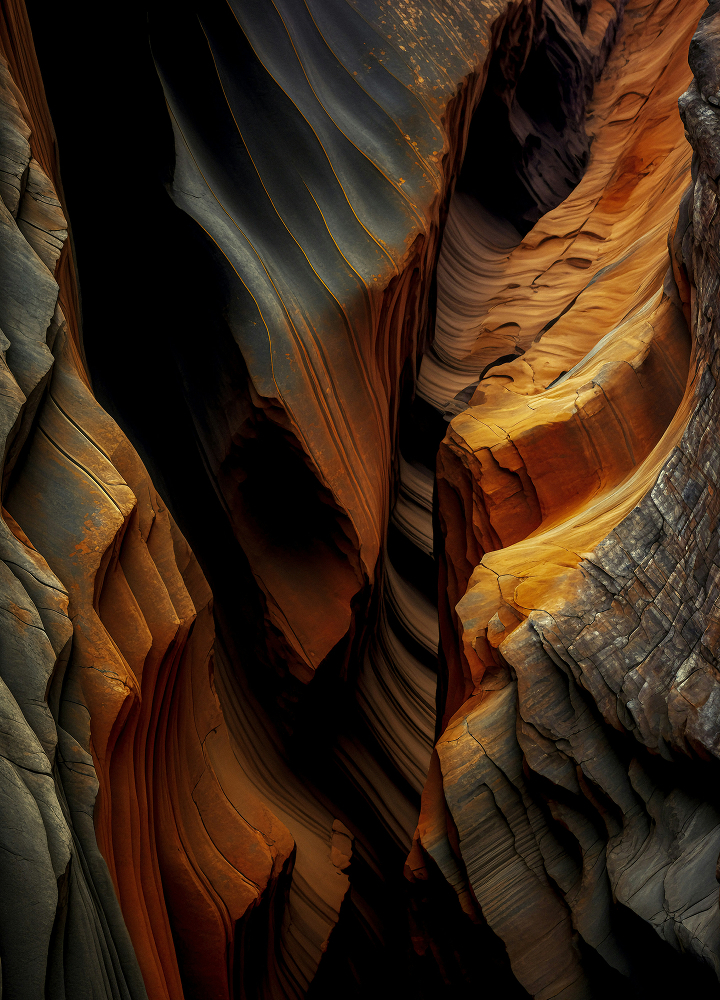 Colorful canyon walls with layered, wind-sculpted rock in warm orange, brown, and gray tones creating deep crevices and winding shapes.