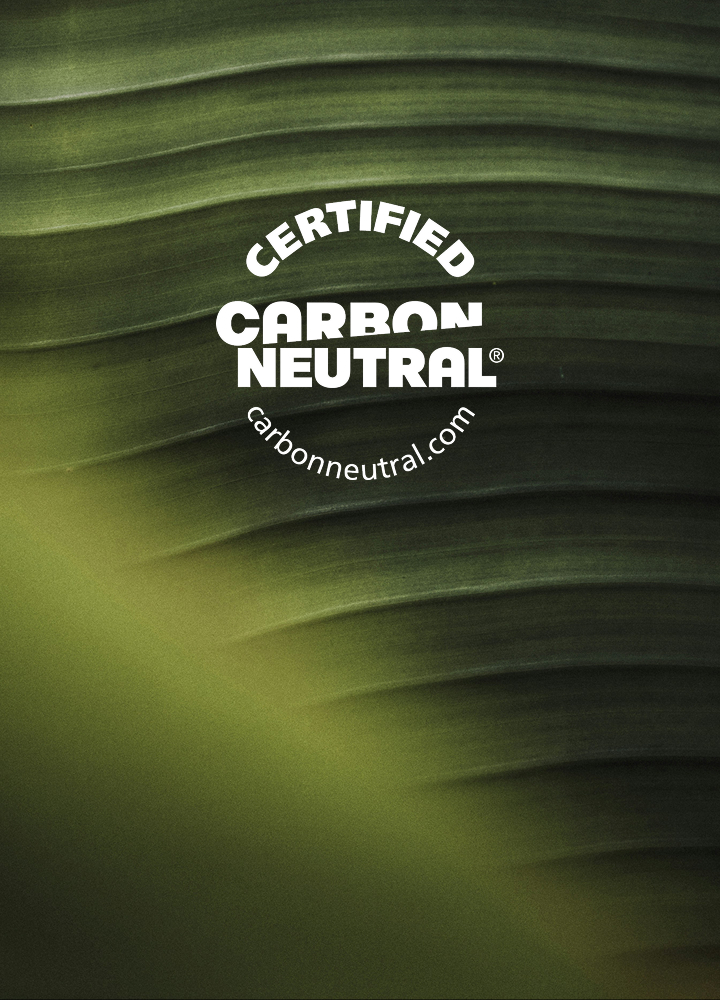 Certified Carbon Neutral logo in white text centered on a dark green, layered leaf background with a curved website URL underneath.