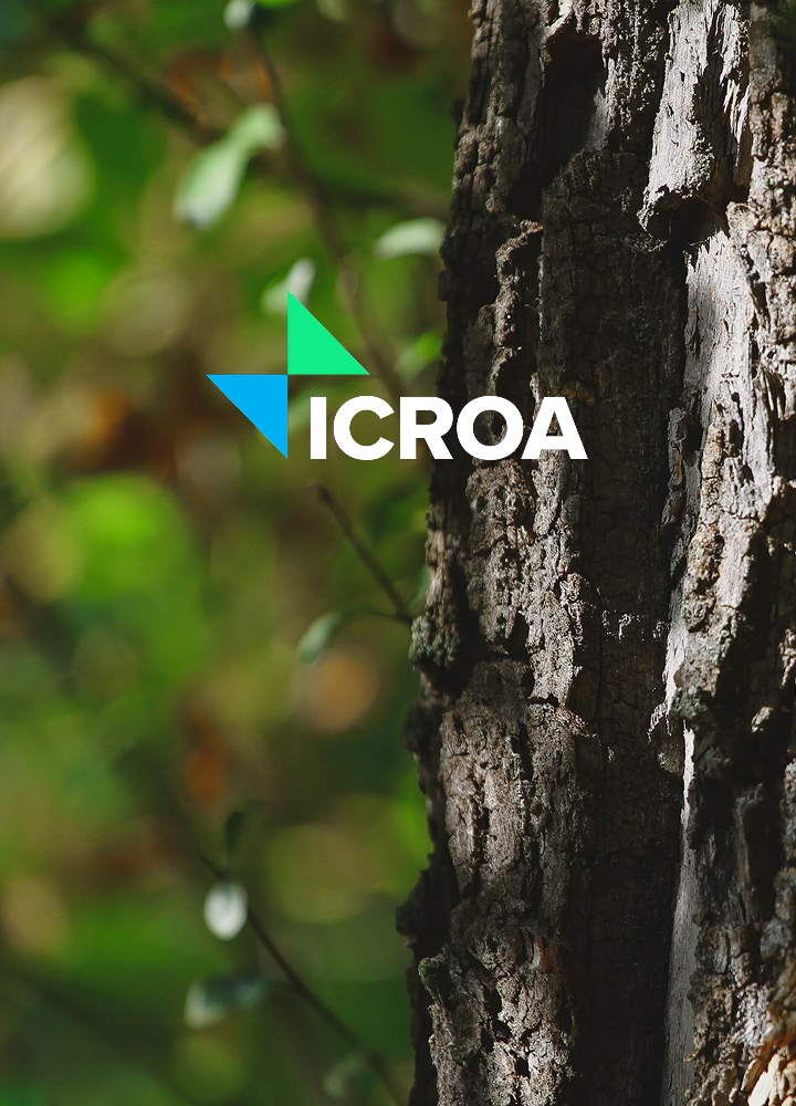 Logo overlay on a tree trunk in a forest scene, with green and teal geometric shapes forming a triangle and the text "ICROA" in white.