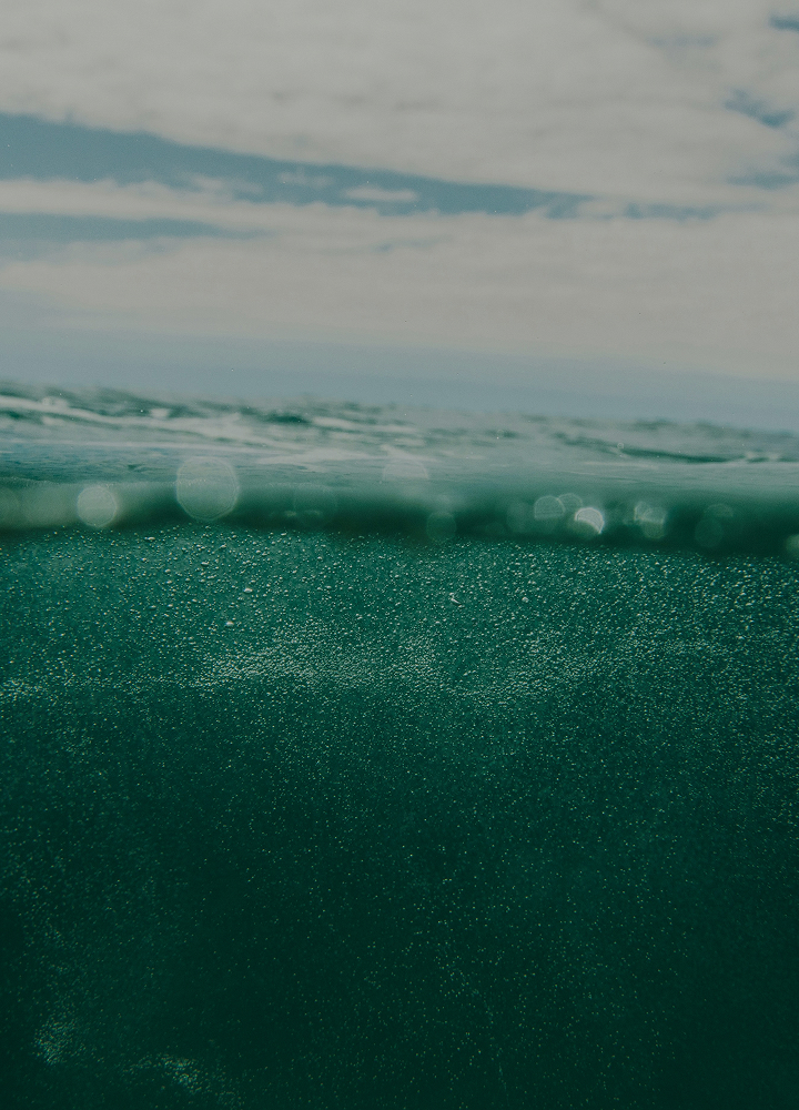 A split view of the ocean: up top shows a cloudy sky with hints of blue, while below there is a dark, teal-green underwater scene with light specks and bubbles.