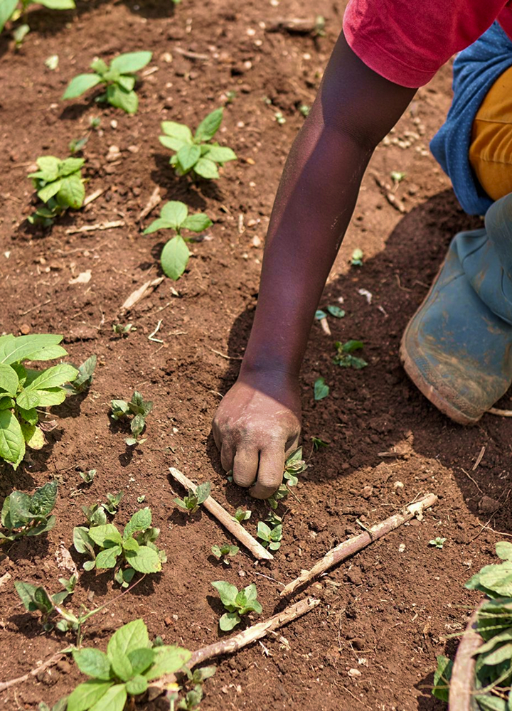 A dark-skinned person crouches in a garden, planting or weeding soil with their gloved hand near small green seedlings and scattered sticks on brown earth.