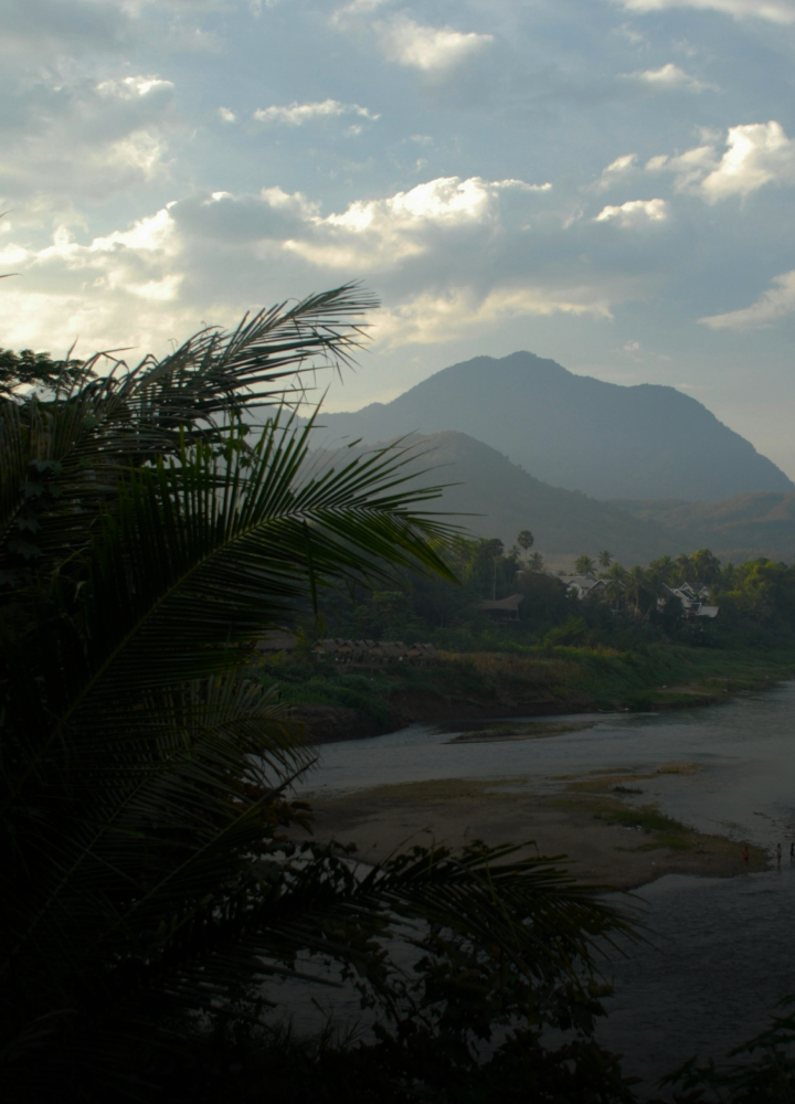 Lush tropical foreground with palm fronds, a calm river along a grassy shoreline, to a distant village of houses, and layered blue mountains under a cloudy sky.