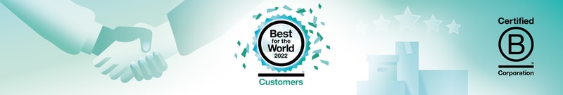 Two hands in a handshake fade across a gradient teal background, with a central “Best for the World 2022” badge, bordered by teal confetti, plus a B Corp logo on the right.