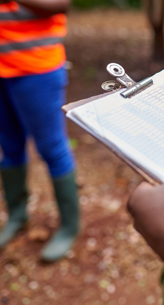 Clipboard with blank form and metal rings held in foreground; blurred person in bright orange vest and blue pants in outdoor wooded area.