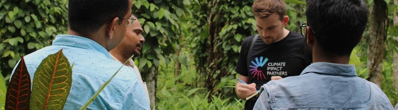 Three people outdoors among green plants and big leaves, one person in a black “Climate Impact Partners” t-shirt writing or drawing while others observe.