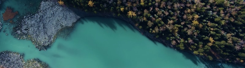 Aerial view of a turquoise lake meeting a forested shoreline with a rocky beach along the left edge.