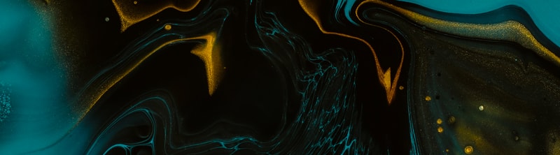 Vibrant abstract teal and black fluid art with gold accents and swirling marbled patterns across the canvas.