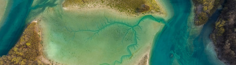 Aerial view of a turquoise river or lagoon with shallow greenish waters and branching channel patterns, bordered by sandy shores and dense green-brown vegetation.