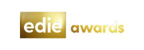 edie awards logo with a gold rectangular emblem and gold text on a black background