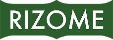 RIZOME logo in white text on a dark green shield-shaped background with curved edges.