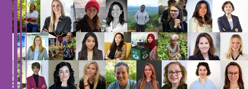 Collage of diverse women and nonbinary individuals portrait photos in various settings, smiling or neutral expressions, arranged in a grid with purple vertical bars on the left.