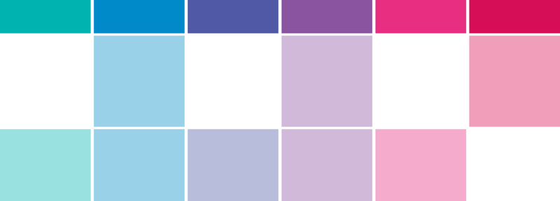 Colorful grid of rectangular tiles in teal, blue, purple, magenta, pink, and pale pastels arranged in a checker-like pattern with white gaps.