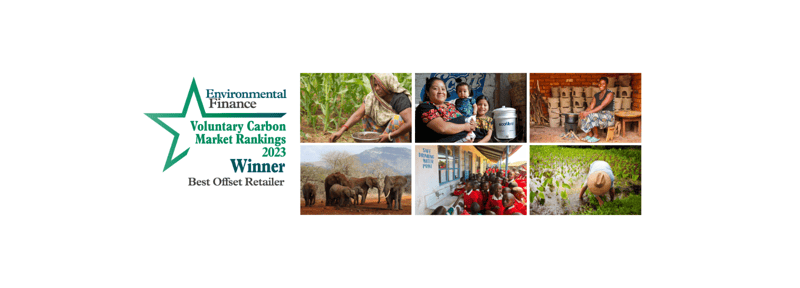 Environmental Finance logo with “Voluntary Carbon Market Rankings 2023 Winner Best Offset Retailer” text and a collage of six photos showing community farming, people with a baby, clay kiln, elephants, a classroom, and a farmer in a muddy field.