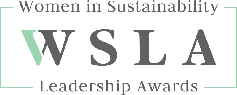 Women in Sustainability Leadership Awards logo with large "WSLA" letters and mint-green decorative borders and text placement.