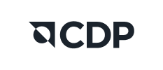 CDP logo in dark blue with geometric leaf-like shape to the left of the letters CDP on a black background
