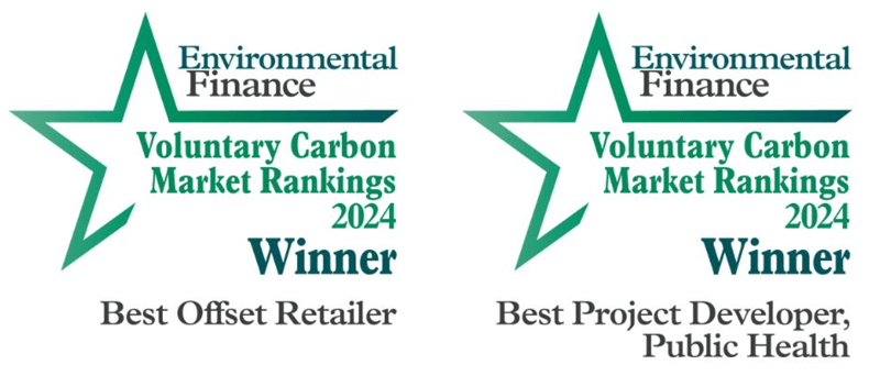 Environmental Finance Voluntary Carbon Market Rankings 2024 award logos, showing a large green star outline and text “Winner” with category titles Best Offset Retailer and Best Project Developer, Public Health.
