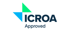 ICROA logo with a blue wordmark and green and blue geometric shapes above a dark “Approved” label.