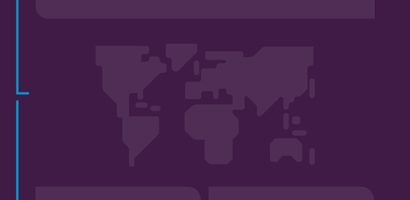 Abstract dark purple background with a lighter purple world map silhouette and bright blue vertical lines along the left edge.