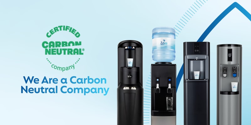 Certified Carbon Neutral logo with text “We Are a Carbon Neutral Company” and a row of water coolers and coffee machines on a light blue background.