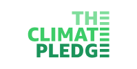 The Climate Pledge logo with bold green lettering on a black background, arranged in stacked lines spelling out “THE CLIMATE PLEDGE.”