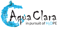 Blue water droplet forming a crescent around stylized text "AquaClara" with tagline "in pursuit of H2OPE" on a black background