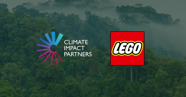 Logo collage on a misty forest backdrop: Climate Impact Partners graphic with a colorful radial design and text, beside a red LEGO logo.