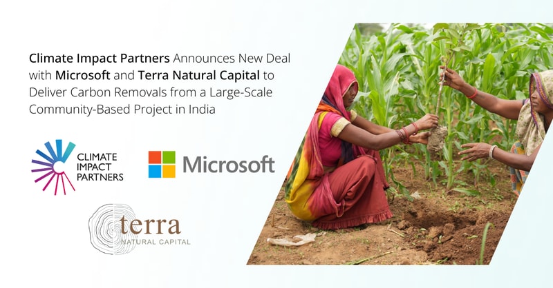Climate Impact Partners announces a new deal with Microsoft and Terra Natural Capital to support a community carbon removal project in India, shown with logos and farming scene.