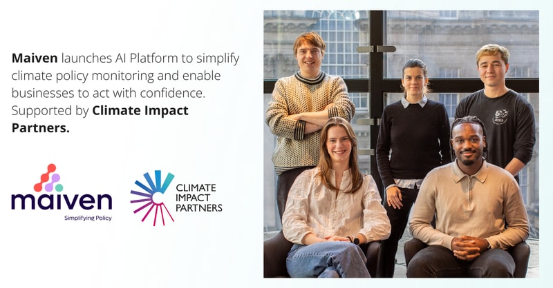Maiven launches AI platform to simplify climate policy monitoring, with Climate Impact Partners; group photo of five diverse team members in an office setting.