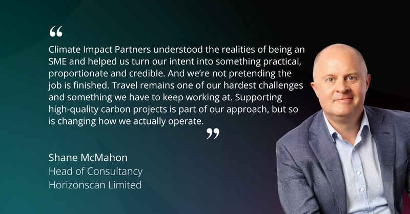 Quote from Shane McMahon about climate impact and practicality of high-quality carbon projects, with his portrait on the right and a teal-to-dark gradient background.