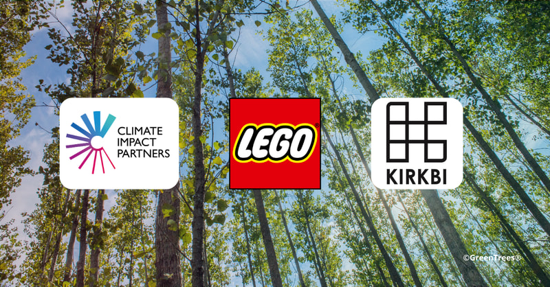 Three logos displayed over a forest canopy: Climate Impact Partners on the left, LEGO in the center, and KIRKBI on the right, with a ©GreenTrees watermark in the bottom right.