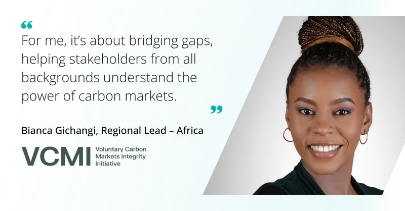 Quote about bridging gaps and helping stakeholders understand carbon markets, alongside a smiling woman portrait and VCMI logo.