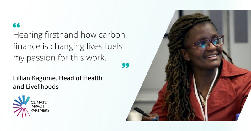 Quote graphic featuring a smiling person with glasses on left text: “Hearing firsthand how carbon finance is changing lives fuels my passion for this work.” Climate Impact Partners logo bottom left.