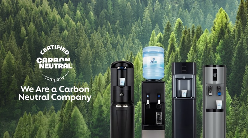 Certified Carbon Neutral Company logo on left with forest backdrop; multiple water dispensers and coffee machines lined up center-right.