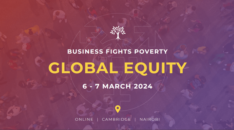 Aerial crowd view with a purple-pink gradient overlay, white and yellow event text reading GLOBAL EQUITY and dates, location icons, and a small central tree logo.
