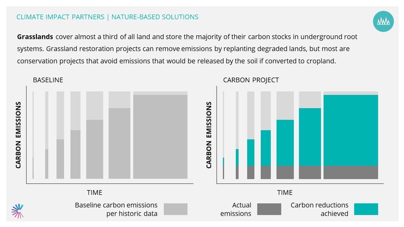 Diagram comparing baseline and carbon project scenarios: stacked bars show historical emissions and reductions over time, with legend for actual emissions and reductions achieved.