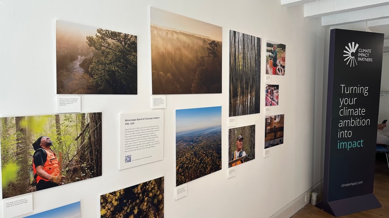 Gallery wall with multiple large nature photographs arranged in rows, including forests and landscapes, and a tall climate impact banner reading “Turning your climate ambition into impact.”