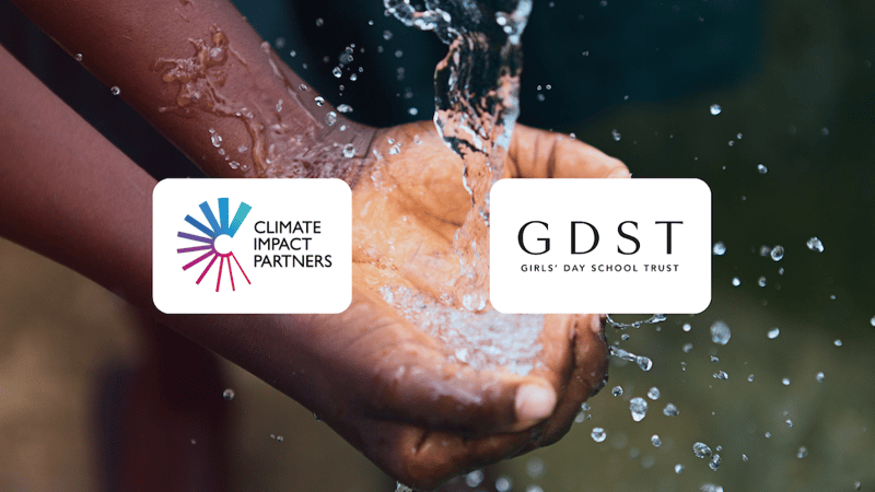 Two cupped hands collecting a splash of water, with two white rounded logo boxes: Climate Impact Partners on the left and GDST Girls’ Day School Trust on the right.