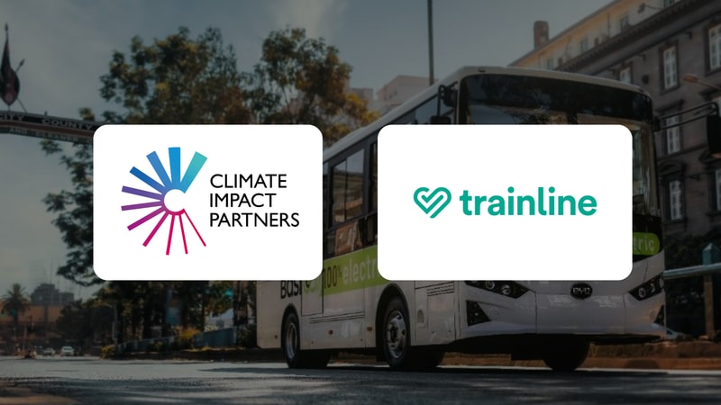 Two white rounded rectangles overlaying a city street bus image; left card shows Climate Impact Partners logo with colorful circular rays, right card shows Trainline logo with teal heart icon.