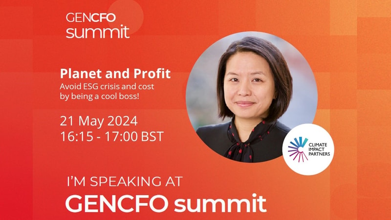 GENCFO summit promotional graphic with an orange geometric background, a circular portrait of a woman, event title “Planet and Profit,” date and time, and a Climate Impact Partners logo.