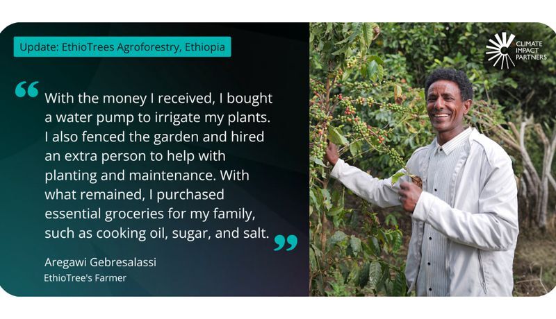 Quote about investments in farming and labor on left; smiling farmer tending orchard on right with Nature background and Climate Impact Partners logo.