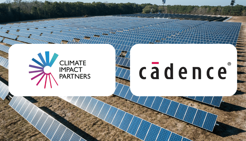 Solar farm with rows of blue photovoltaic panels on a dry, grassy field, featuring overlapping white rounded rectangles containing the Climate Impact Partners and Cadence logos.