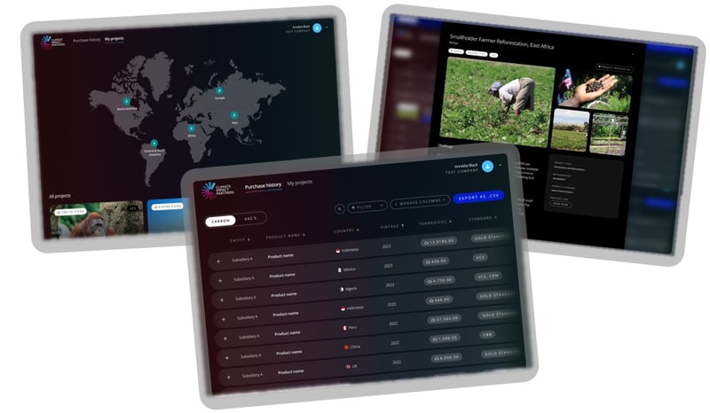 Three tilted screenshots of a dark themed dashboard interface: left shows a world map with highlighted regions, right shows a collage of images and text, center displays a data table with columns and rows.