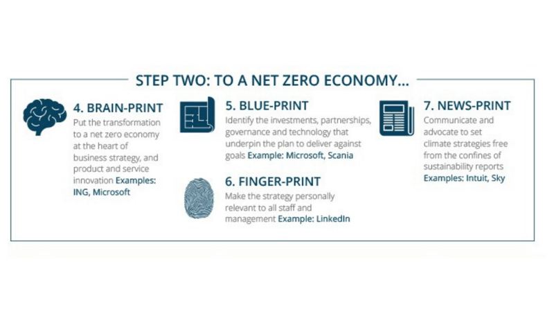 Infographic titled Step Two: To a Net Zero Economy, with icons and text for Brain-Print, Blue-Print, Finger-Print, News-Print outlining strategies and examples.