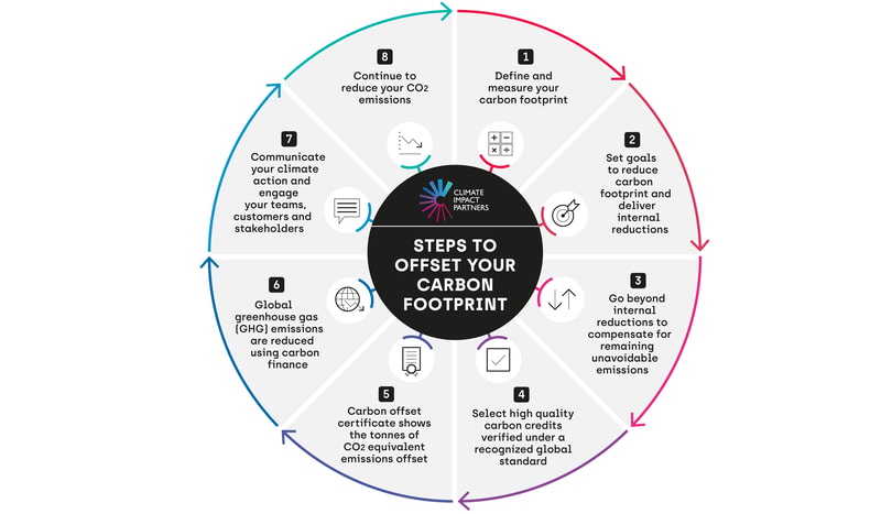 Circular infographic titled Steps to Offset Your Carbon Footprint, eight segments outlining actions and icons around a central black circle.