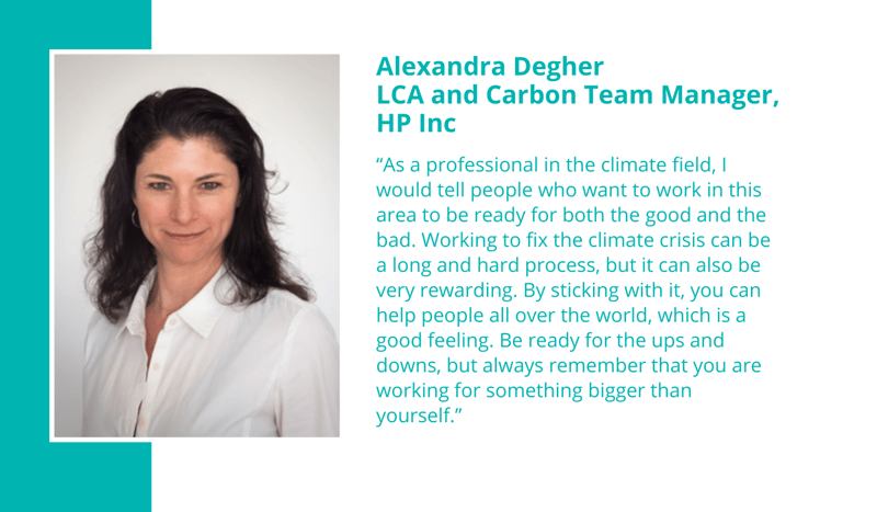 Alexandra Degher, LCA and Carbon Team Manager at HP Inc., portrait with teal graphic accents and a teal quote about climate work and reward in the text block.