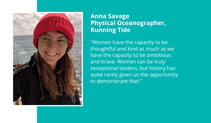 Portrait of a person wearing a red knit hat and glasses, smiling outdoors by the ocean, with teal colored background and a quote about women’s leadership.