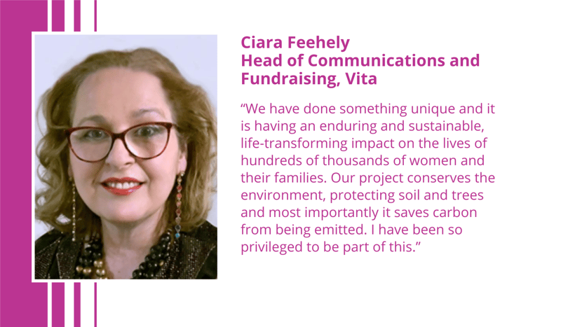 Ciara Feehely, Head of Communications and Fundraising at Vita, shown in a portrait with glasses and jewelry, against a pink-accented graphic layout.