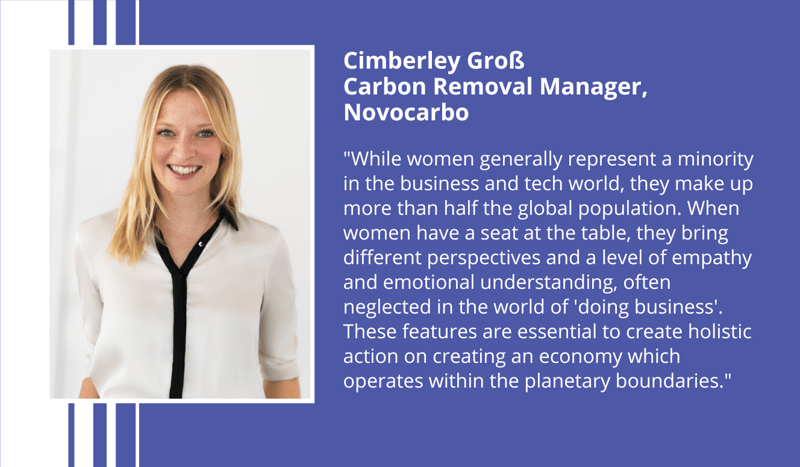Cimberley Groß, Carbon Removal Manager at Novocarbo, smiles in a light blouse; to her right is a blue panel with a lengthy quote about women in business and empathy.